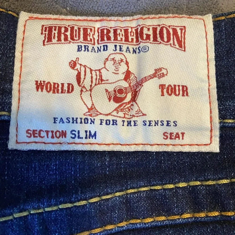 NWOT True Religion Sz 29 Mens Slim Fit Ferd Flap OM Big T Red Dk Blue Jeans
